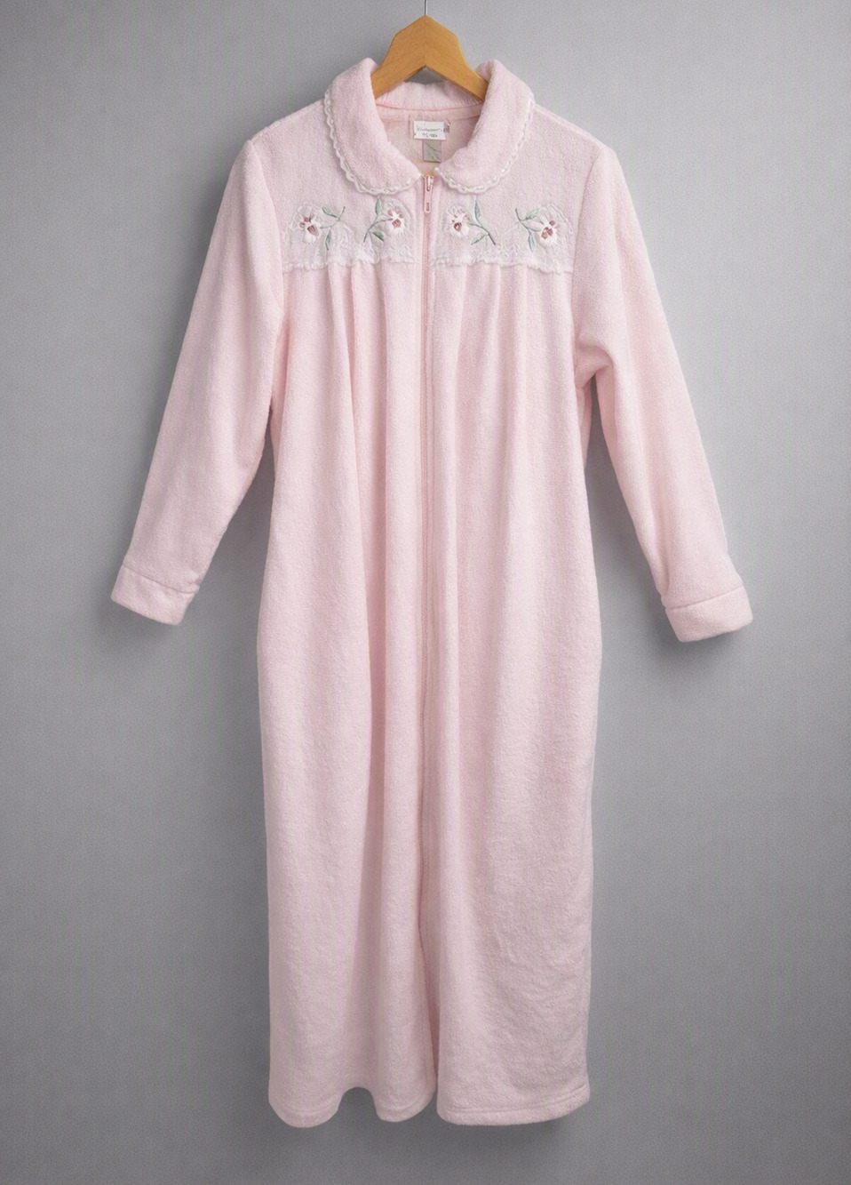 Fundamentals Petite Medium Pink Terry‑Look Soft Robe Full Zip Lace Floral Trim